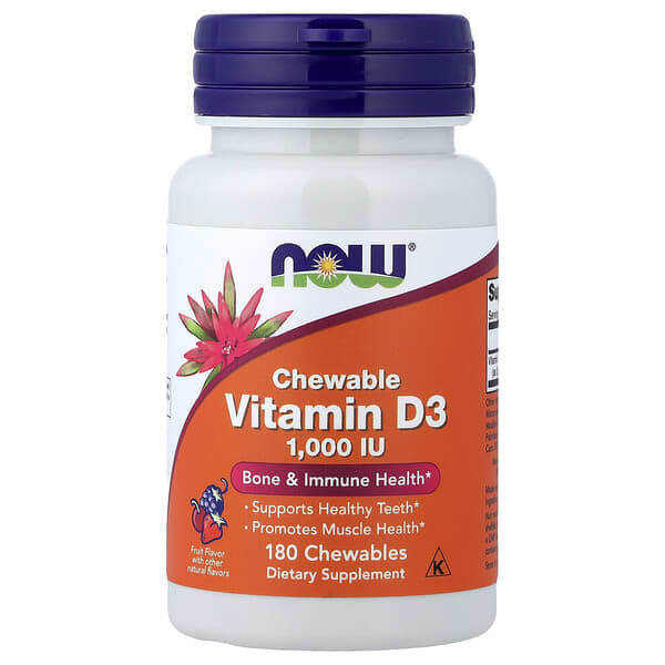 NOW Foods Chewable Vitamin D-3, Fruit, 25 mcg (1000 IU), 180 Chewables