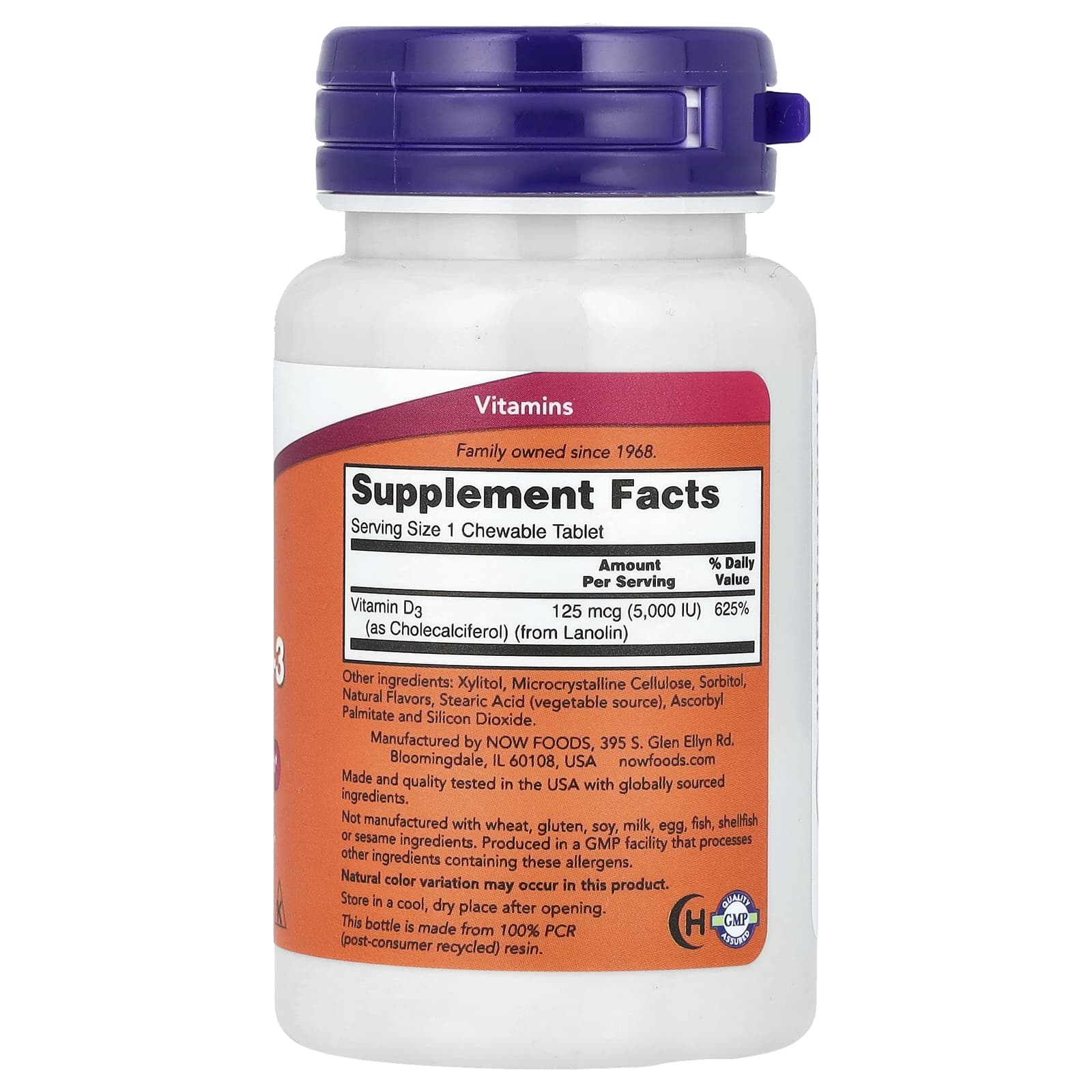 NOW Foods, Chewable Vitamin D-3, Mint, 5,000 IU, 120 Chewables