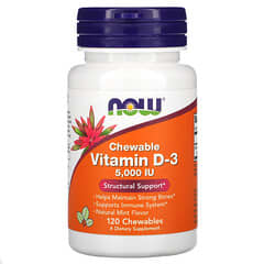NOW Foods, Vitamina D-3 Mastigável, Hortelã Natural, 5.000 UI, 120 Mastigáveis