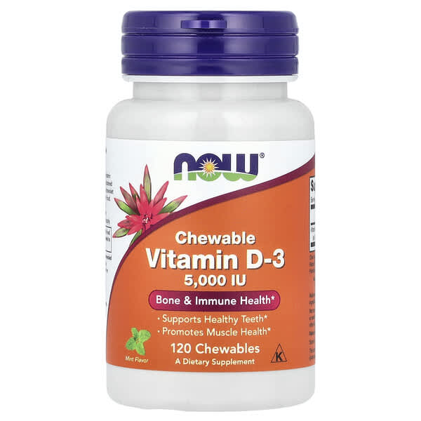 NOW Foods Chewable Vitamin D-3, Mint, 5000 IU, 120 Chewables