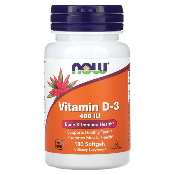 NOW Foods, Vitamina D-3, 400 UI, 180 cápsulas de gelatina mole