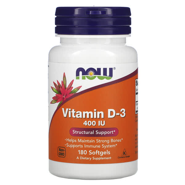 NOW Foods‏, ויטמין D-3‏, 400 יחב"ל, 180 כמוסות רכות