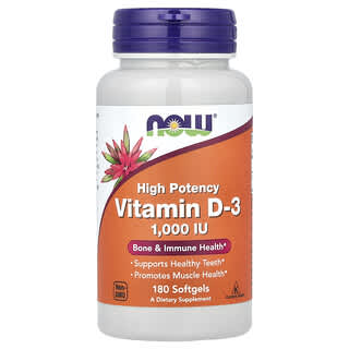 NOW Foods, Vitamin D-3, High Potency, hochwirksames Vitamin D3, 1.000 IE, 180 Weichkapseln