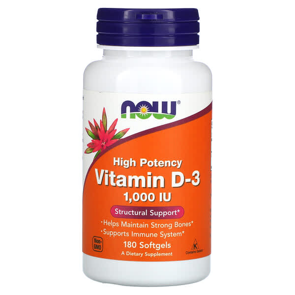 NOW Foods, Vitamin D-3, High Potency, hochwirksames Vitamin D3, 1.000 IU, 180 Weichkapseln