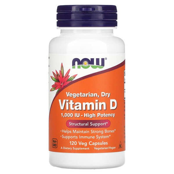 NOW Foods‏, ויטמין D צמחי יבש, 1,000 יחב״ל, 120 כמוסות צמחיות