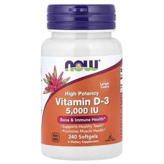 NOW Foods, Vitamine D-3, Haute efficacité, 125 µg (5 000 UI), 240 capsules à enveloppe molle