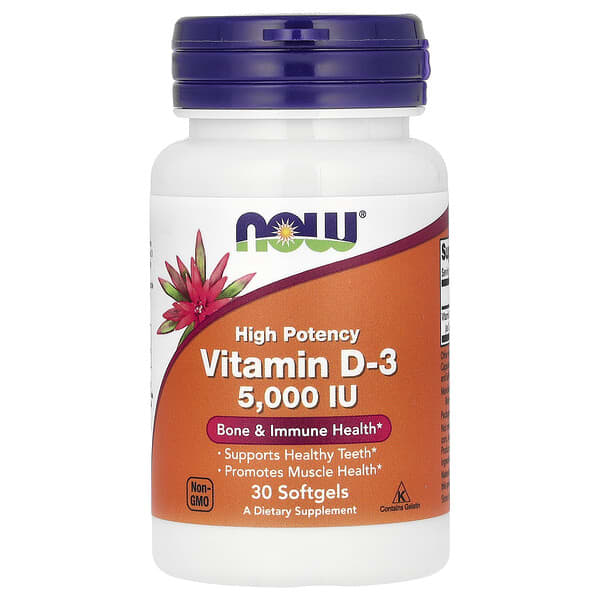 NOW Foods, 維生素 D3，優效，5,000 國際單位，30 粒軟凝膠