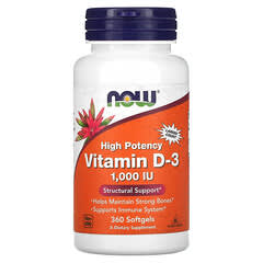 NOW Foods, Vitamina D3, Alta potencia, 25 mcg (1000 UI), 360 cápsulas blandas