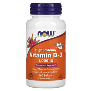 NOW Foods, Vitamina D3, 25 mcg (1000 UI), 360 cápsulas blandas