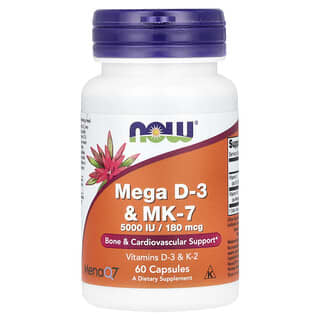 NOW Foods, Mega vitamina D3 y MK-7, 5000 UI, 180 mcg, 60 cápsulas
