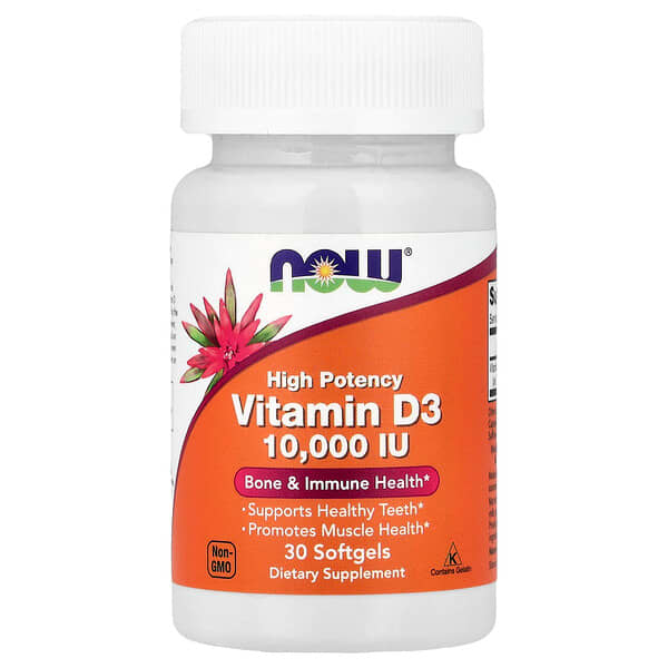 NOW Foods, Vitamin D-3, High Potency, 250 mcg (10,000 IU), 30 Softgels — product photo 1