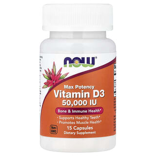 NOW Foods, Vitamina D3, Máxima potencia, 50.000 UI, 15 cápsulas