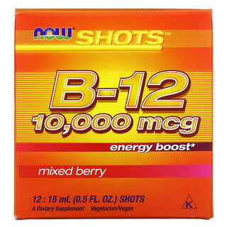 NOW Foods, Shots, Suplemento de aumento de energía con vitamina B12, Bayas mixtas, 1000 mcg, 12 dosis líquidas, 15 ml (0,5 oz. líq.) cada una