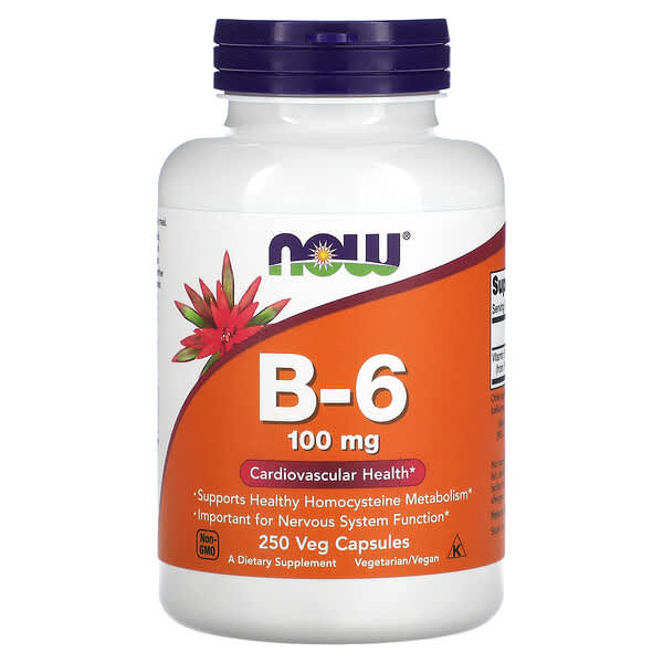 NOW Foods, B-6, 100 mg, 250 Cápsulas Vegetais