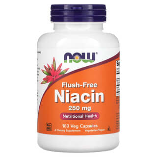 NOW Foods, Ниацин, не вызывающий покраснений, 250 мг, 180 растительных капсул