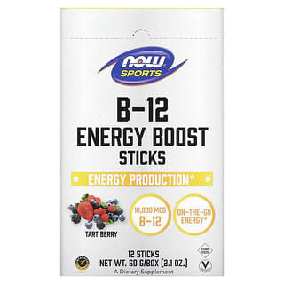 NOW Foods, مكمل غذائي Sports، B-12 Energy Boost Sticks، معزز بفيتامين ب-12، بنكهة التوت اللاذع، 10000 مكجم، 12 عصا، 2.1 أونصة (60 جم)