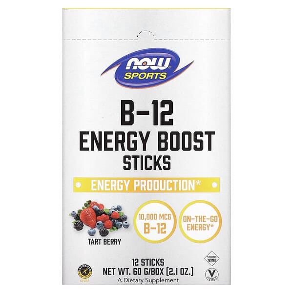 Now Foods, スポーツ、B-12エネルギーブーストスティック、タルトベリー、10,000mcg、12本、60g（2.1oz）