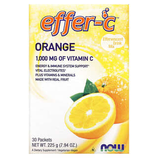 NOW Foods, Effer-C, Mezcla para preparar bebidas efervescentes, Naranja, 1000 mg, 30 sobres, 26 g (7,5 g) cada uno
