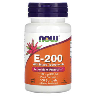 NOW Foods, E-200 со смешанными токоферолами, 134 мг (200 МЕ), 100 мягких таблеток