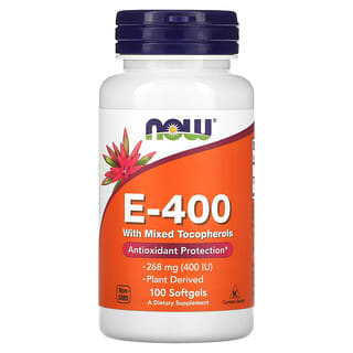 NOW Foods, E-400 com Tocoferóis Mistos, 268 mg (400 UI), 100 Cápsulas Softgel