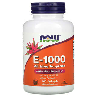 NOW Foods, E-1000 con tocoferoles mixtos, 670 mg (1000 UI), 100 cápsulas blandas