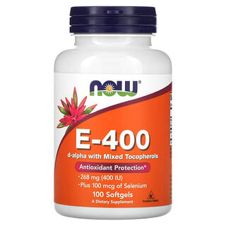 NOW Foods, E-400 D-Alpha avec tocophérols mixtes, 268 mg (400 UI), 100 capsules à enveloppe molle