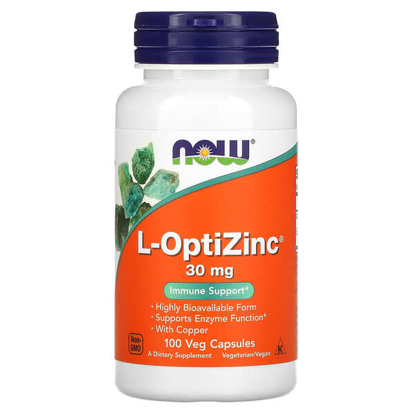 NOW Foods, L-OptiZinc, добавка з цинком, 30 мг, 100 веганських капсул