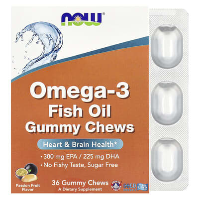 NOW Foods, Omega-3 Fish Oil Chewable Gummies, Passionfruit Flavor, 750 mg, 36 Gummies