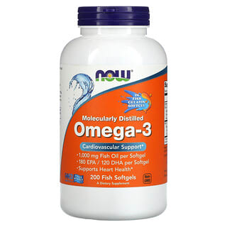 NOW Foods, Oméga-3, 180 mg d'acide eicosapentaénoïque/120 mg de DHA (acide docosahexaénoïque), 200 capsules à enveloppe molle à base de poisson