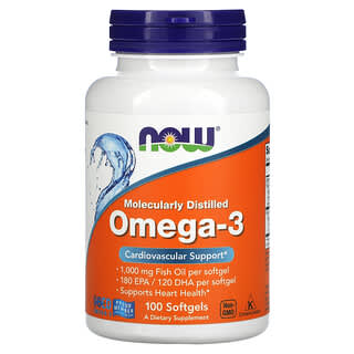 NOW Foods, Oméga-3, 180 mg d'acide eicosapentaénoïque/120 mg de DHA (acide docosahexaénoïque), 100 capsules à enveloppe molle