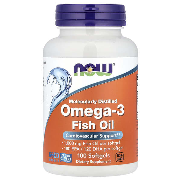 NOW Foods, рыбий жир с омега-3, 1000 мг, 180 ЭПК, 120 ДГК, 100 капсул
