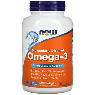 NOW Foods, Oméga-3, 180 mg d'acide eicosapentaénoïque/120 mg de DHA (acide docosahexaénoïque), 200 capsules à enveloppe molle