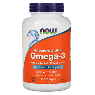 NOW Foods, Omega-3, 180 EPA / 120 DHA, 180 cápsulas blandas con recubrimiento entérico