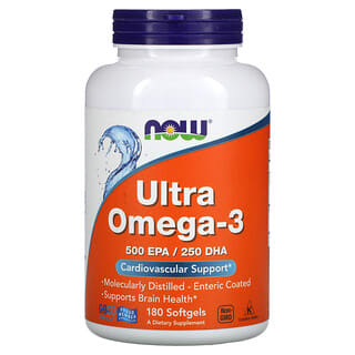 NOW Foods, Ultra Oméga-3, 500 mg d'acide eicosapentaénoïque/250 mg de DHA (acide docosahexaénoïque), 180 capsules à enveloppe molle à enrobage entérique