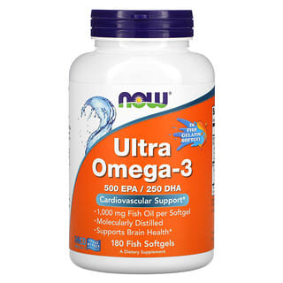 NOW Foods, Ultra Omega-3, Ácido eicosapentaenoico: 500/Ácido docosahexaenoico: 250, 180 cápsulas blandas de pescado
