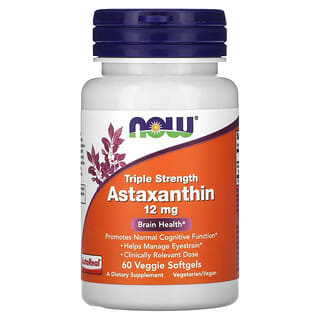 NOW Foods, Astaxantina de triple concentración, 12 mg, 60 cápsulas blandas vegetales