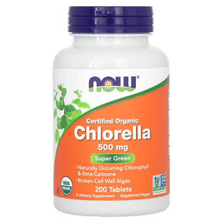 NOW Foods, Clorela orgánica certificada, 3000 mg, 200 comprimidos (500 mg por comprimido)
