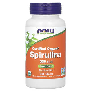 NOW Foods, Espirulina orgánica certificada, 3000 mg, 100 comprimidos (500 mg por comprimido)