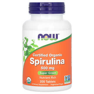 NOW Foods, Espirulina Orgânica Certificada, 3.000 mg, 200 Comprimidos (500 mg Por Comprimido)