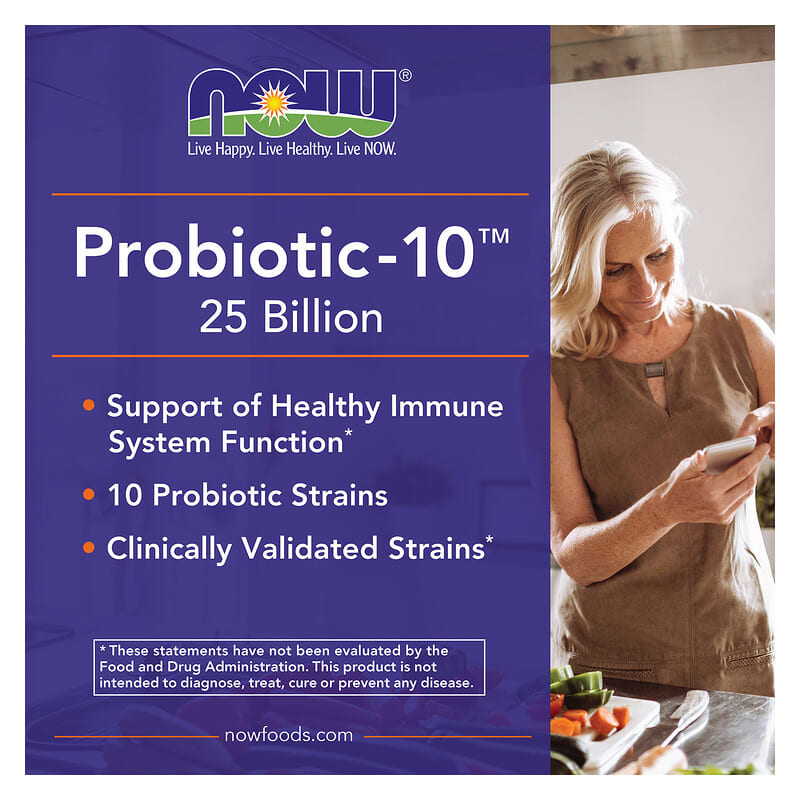 NOW Foods, Probiotic-10, 25 млрд, 50 вегетарианских капсул