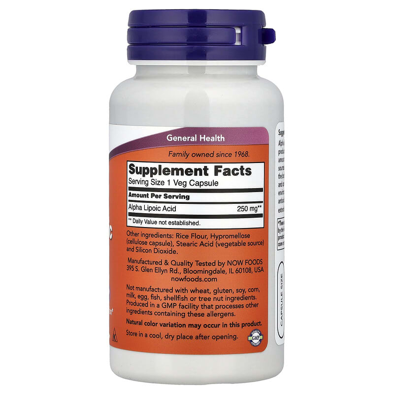 Купить NOW Foods, альфа-липоевая кислота, 250 мг, 60 вегетарианских капсул