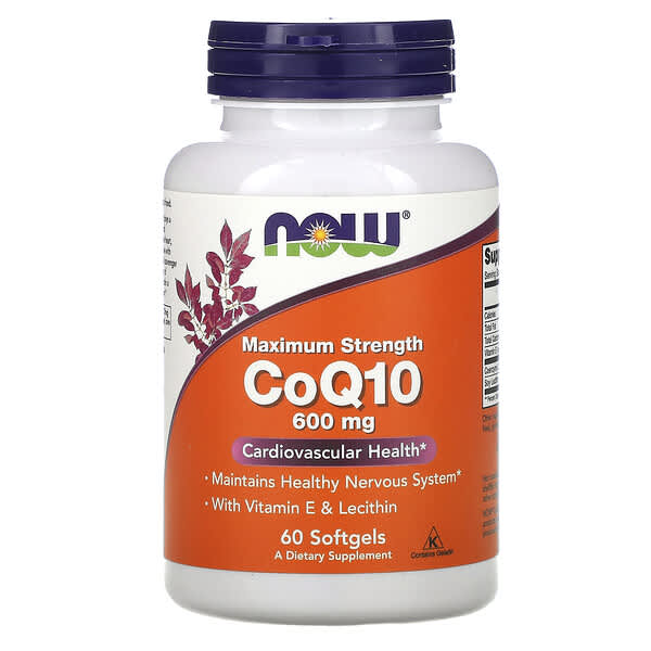 NOW Foods‏, CoQ10 עם ויטמין E ולציטין, עוצמה מקסימלית, 600 מ״ג, 60 כמוסות רכות
