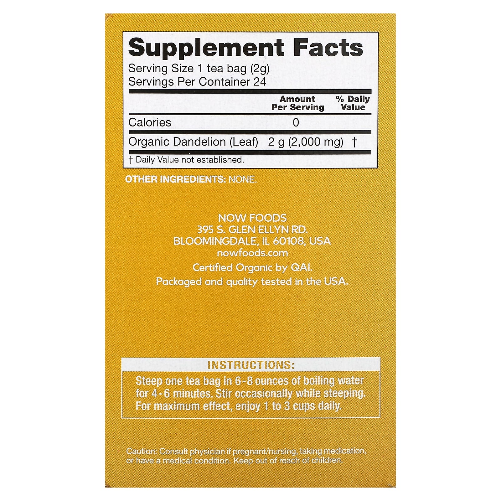 NOW Foods, Organic Dandelion Traditional Cleansing Tea, CaffeineFree