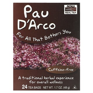 NOW Foods, Real Tea, Pau D'Arco, Caffeine-Free, 24 Tea Bags, 1.7 oz (48 g)