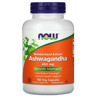 NOW Foods, Extrait standardisé d’ashwagandha, 450 mg, 180 capsules végétariennes