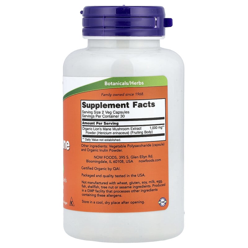 NOW Foods, Lion's Mane, 500 mg, 60 Veg Capsules | iHerb