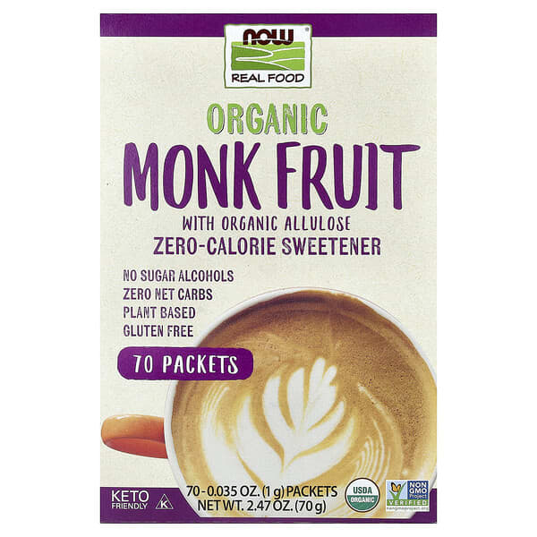 NOW Foods, Organic Monk Fruit, Zero-Calorie Sweetener,  70 Packets, 0.035 oz (1 g) Each