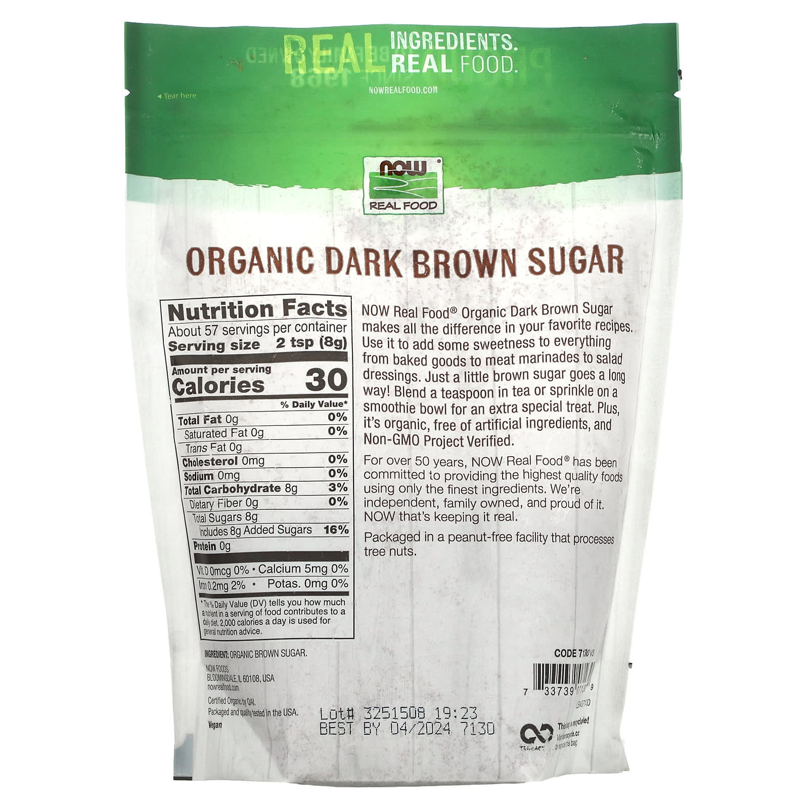 NOW Foods, Real Foods، سكر بني داكن عضوي، 16 أونصة (454 جم)