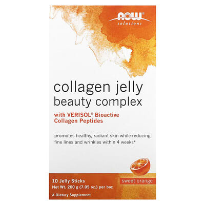 NOW Foods, Solutions, Collagen Jelly Beauty Complex, Sweet Orange, 10 Jelly Strips, 0.705 oz (20 g) Each