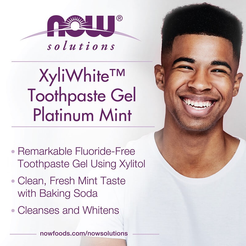 ناو فودز‏, جل معجون الأسنان مع صودا الخبز، Xyli-White من Solutions، خالِ من الفلورايد، نعناع بلاتيني، 6.4 أونصة (181 جم)